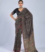 Black color stylish ajrak printed traditional chiffon fabric saree