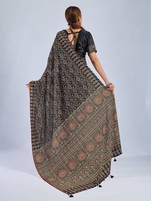 Black color stylish ajrak printed traditional chiffon fabric saree 2