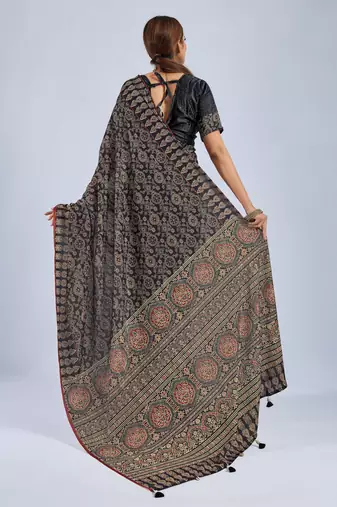 Black color stylish ajrak printed traditional chiffon fabric saree