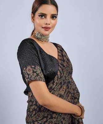 Black color stylish ajrak printed traditional chiffon fabric saree 3