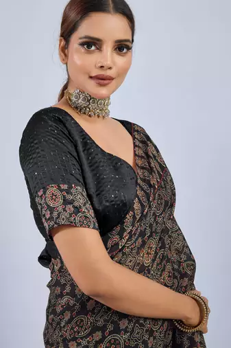 Black color stylish ajrak printed traditional chiffon fabric saree