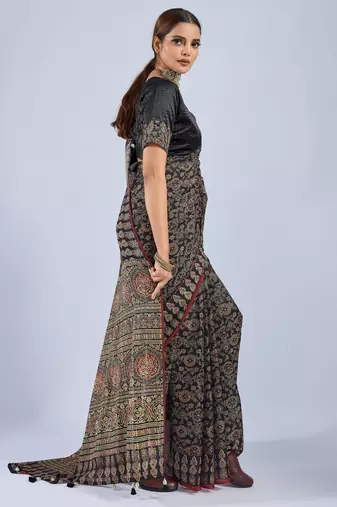Black color stylish ajrak printed traditional chiffon fabric saree