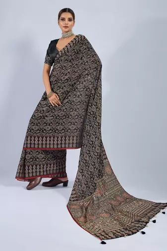 Black color stylish ajrak printed traditional chiffon fabric saree