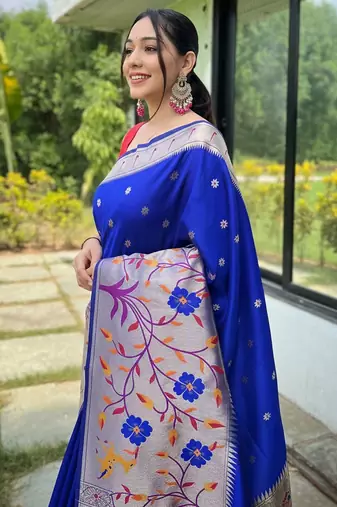 Violet silk blend saree with meenakari motifs