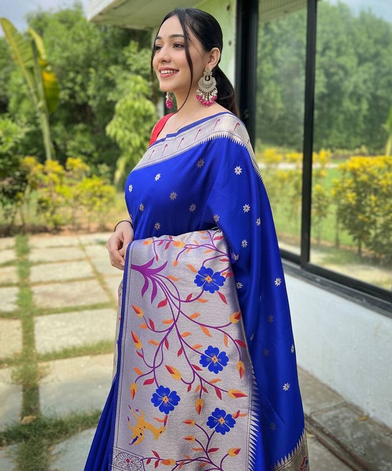 Violet silk blend saree with meenakari motifs