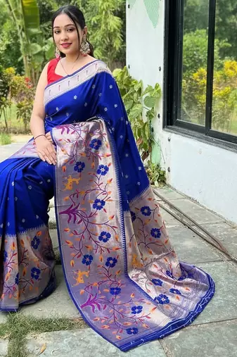 Violet silk blend saree with meenakari motifs
