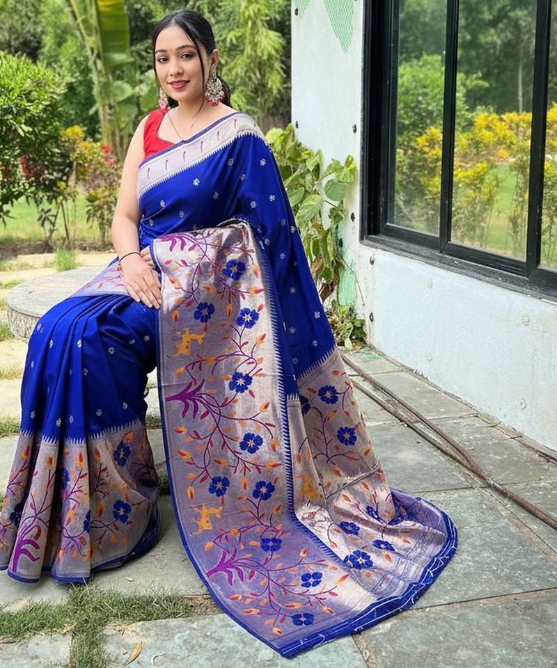 Violet silk blend saree with meenakari motifs