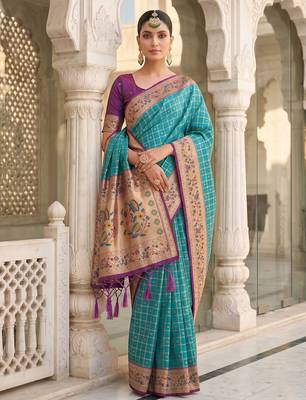 Turquoise color banarasi silk fabric graceful ethnic woven saree 1