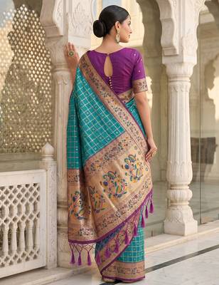 Turquoise color banarasi silk fabric graceful ethnic woven saree 2