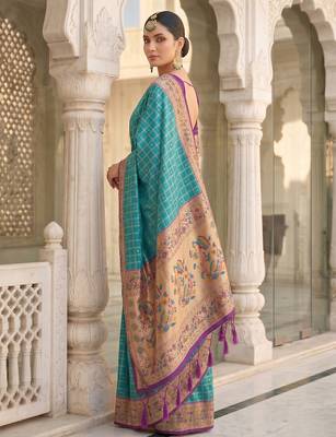 Turquoise color banarasi silk fabric graceful ethnic woven saree 3