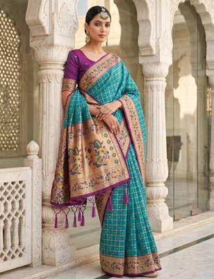 Turquoise color banarasi silk fabric graceful ethnic woven saree 4