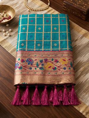 Turquoise color banarasi silk fabric graceful ethnic woven saree 5