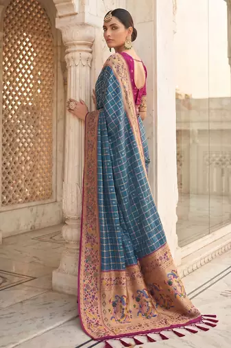 Blue color banarasi silk fabric graceful ethnic woven saree