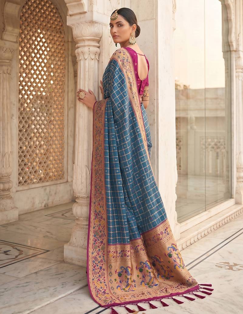 Blue color banarasi silk fabric graceful ethnic woven saree