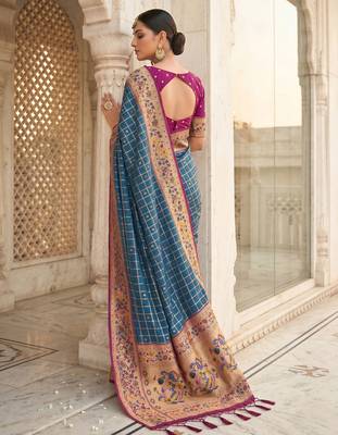 Blue color banarasi silk fabric graceful ethnic woven saree 3