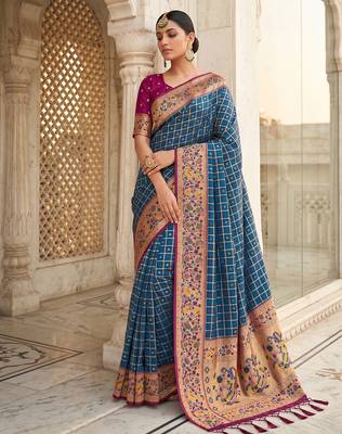 Blue color banarasi silk fabric graceful ethnic woven saree 4