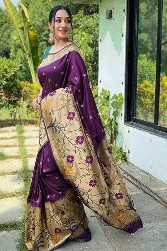 Wine silk blend saree with meenakari motifs