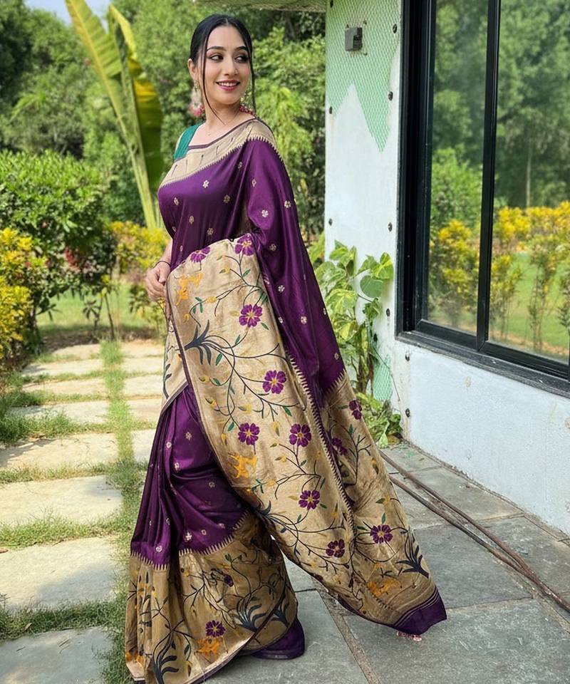 Wine silk blend saree with meenakari motifs