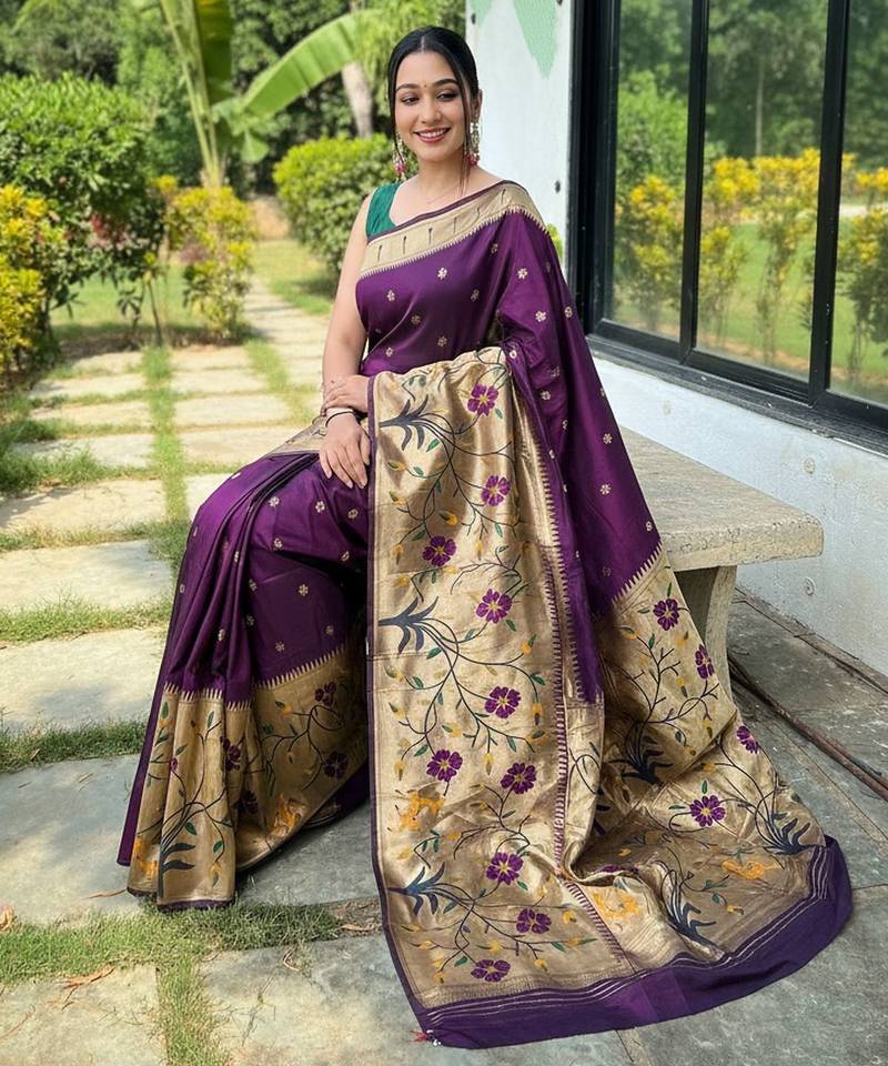 Wine silk blend saree with meenakari motifs