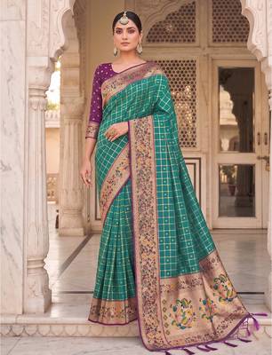 Rama color banarasi silk fabric graceful ethnic woven saree 1