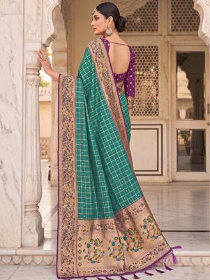 Rama color banarasi silk fabric graceful ethnic woven saree 2