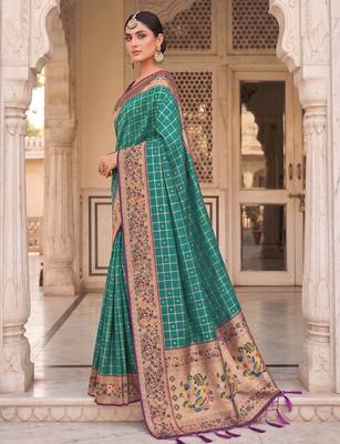 Rama color banarasi silk fabric graceful ethnic woven saree 3