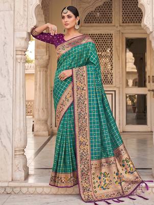 Rama color banarasi silk fabric graceful ethnic woven saree 4