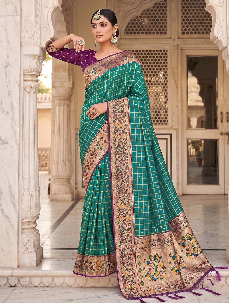 Rama color banarasi silk fabric graceful ethnic woven saree