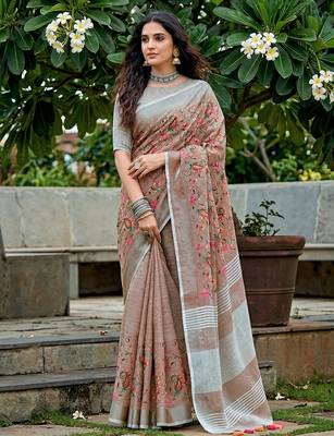 Brown color linen fabric beautiful fancy embroidered saree 1