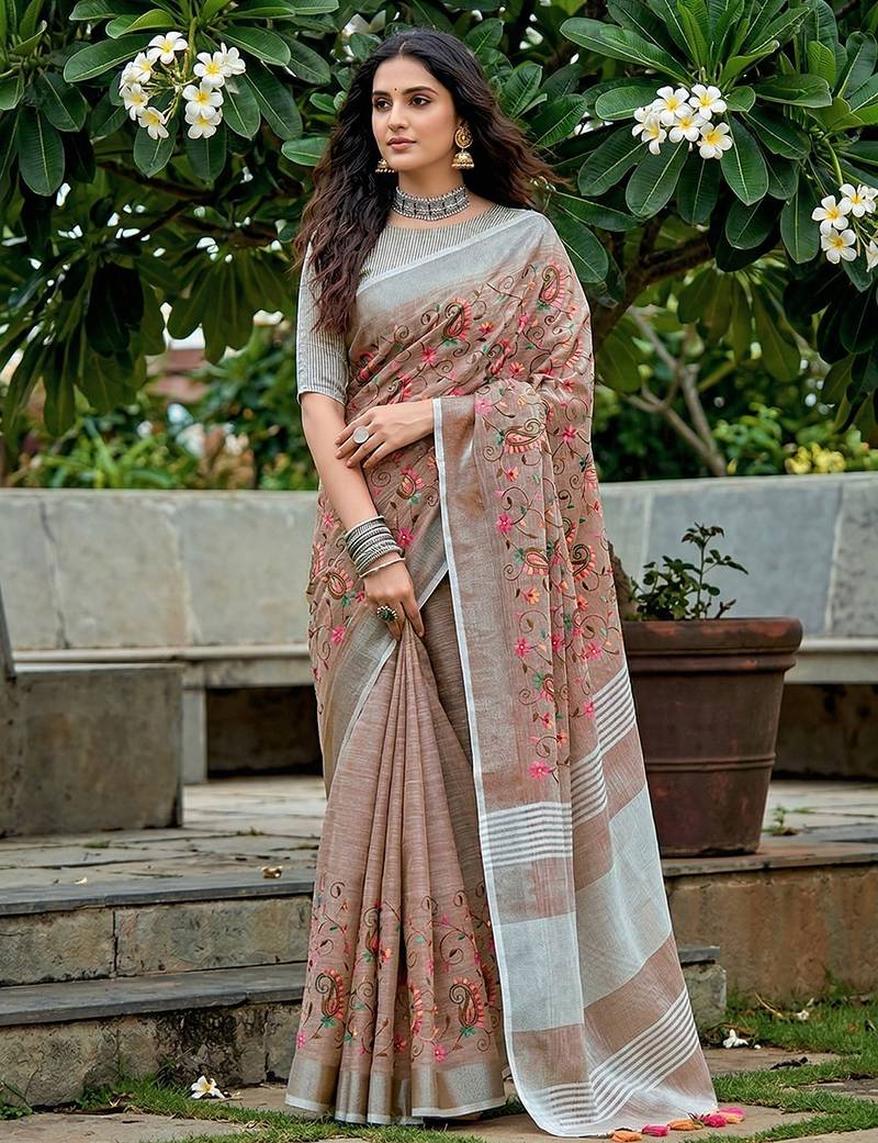 Brown color linen fabric beautiful fancy embroidered saree