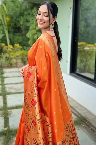 Orange silk blend saree with meenakari motifs