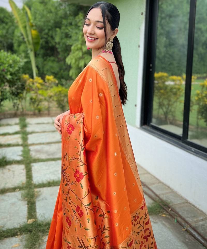 Orange silk blend saree with meenakari motifs
