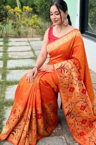 Orange silk blend saree with meenakari motifs
