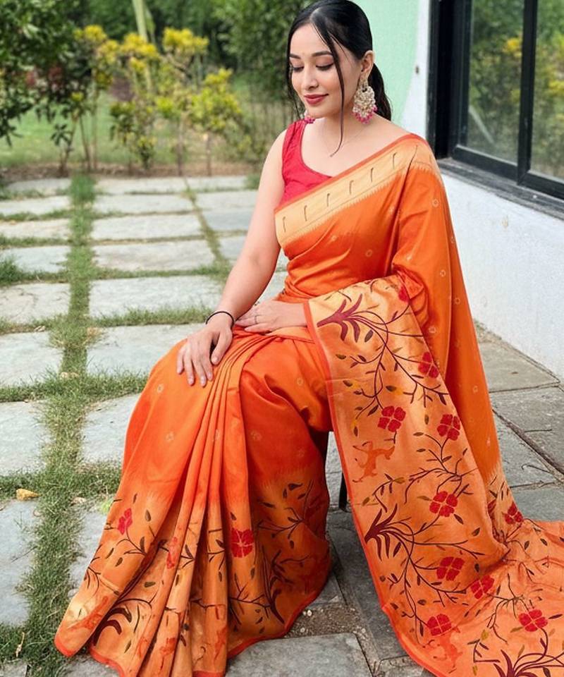 Orange silk blend saree with meenakari motifs