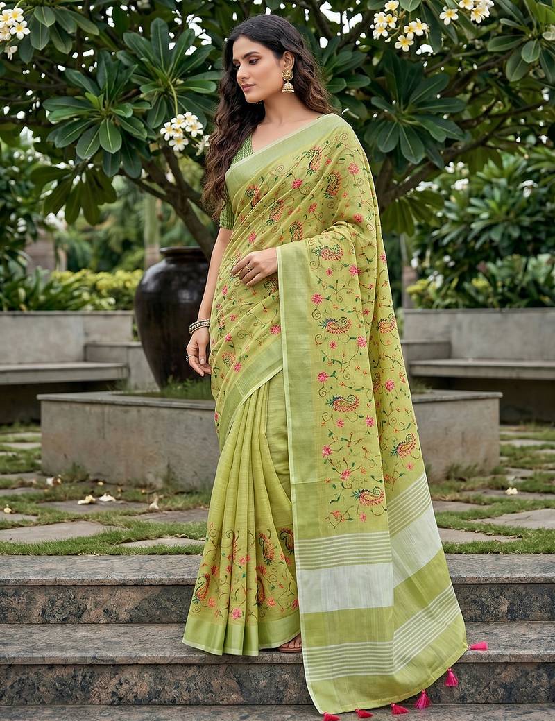 Yellow green color linen fabric beautiful fancy embroidered saree