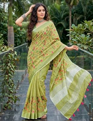 Yellow green color linen fabric beautiful fancy embroidered saree 4