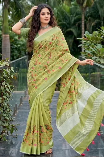 Yellow green color linen fabric beautiful fancy embroidered saree
