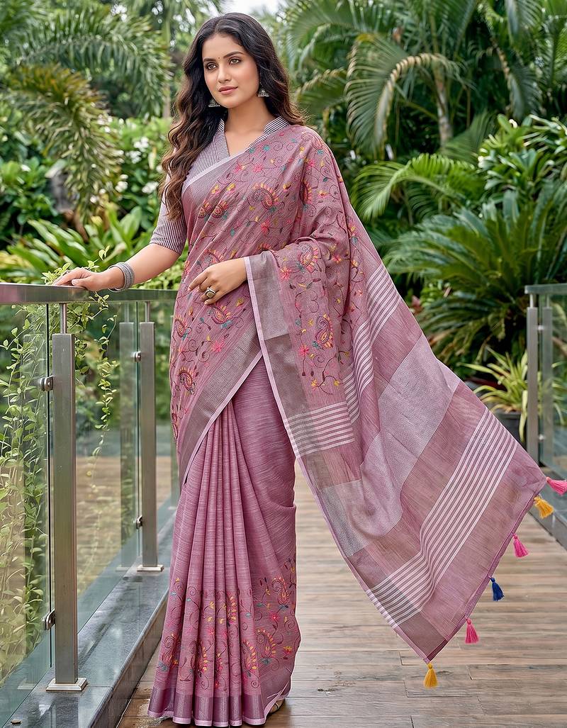 Purple color linen fabric beautiful fancy embroidered saree