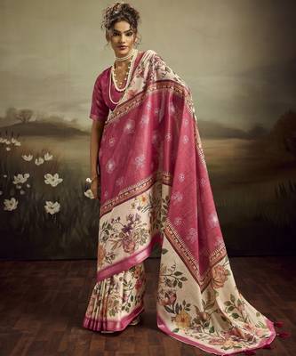 Peach color jacquard silk fabric fabric beautiful floral print saree 1