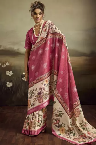 Peach color jacquard silk fabric fabric beautiful floral print saree