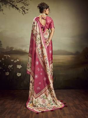 Peach color jacquard silk fabric fabric beautiful floral print saree 2