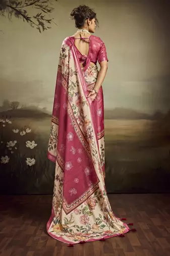 Peach color jacquard silk fabric fabric beautiful floral print saree