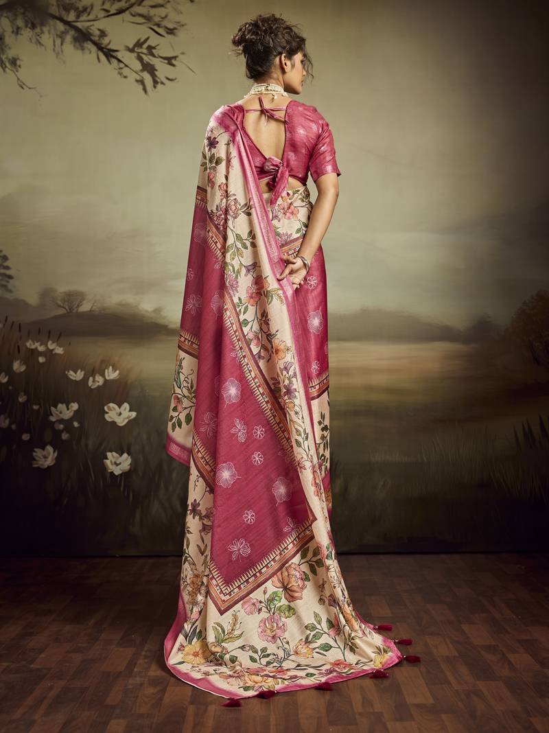 Peach color jacquard silk fabric fabric beautiful floral print saree