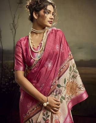 Peach color jacquard silk fabric fabric beautiful floral print saree 3