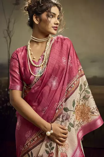 Peach color jacquard silk fabric fabric beautiful floral print saree