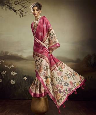Peach color jacquard silk fabric fabric beautiful floral print saree 4