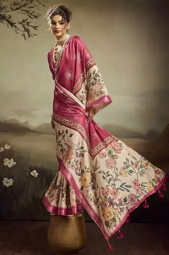 Peach color jacquard silk fabric fabric beautiful floral print saree