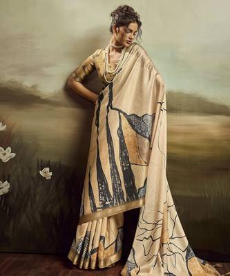 Beige color jacquard silk fabric fabric beautiful floral print saree 1