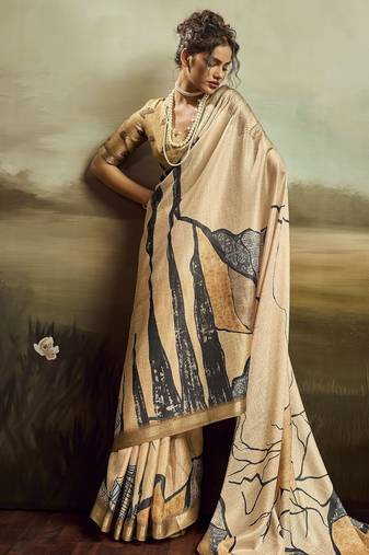 Beige color jacquard silk fabric fabric beautiful floral print saree
