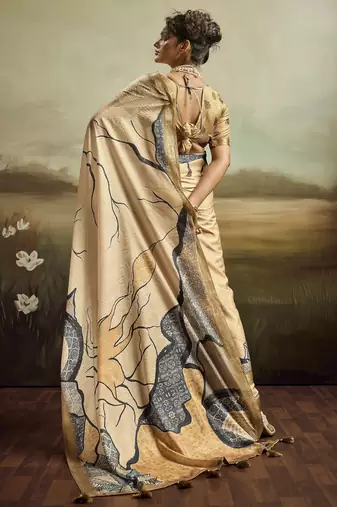 Beige color jacquard silk fabric fabric beautiful floral print saree